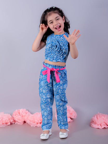 Jaipur Girls Blue Printed Top with Printed Pant Girls Co-ordinate set