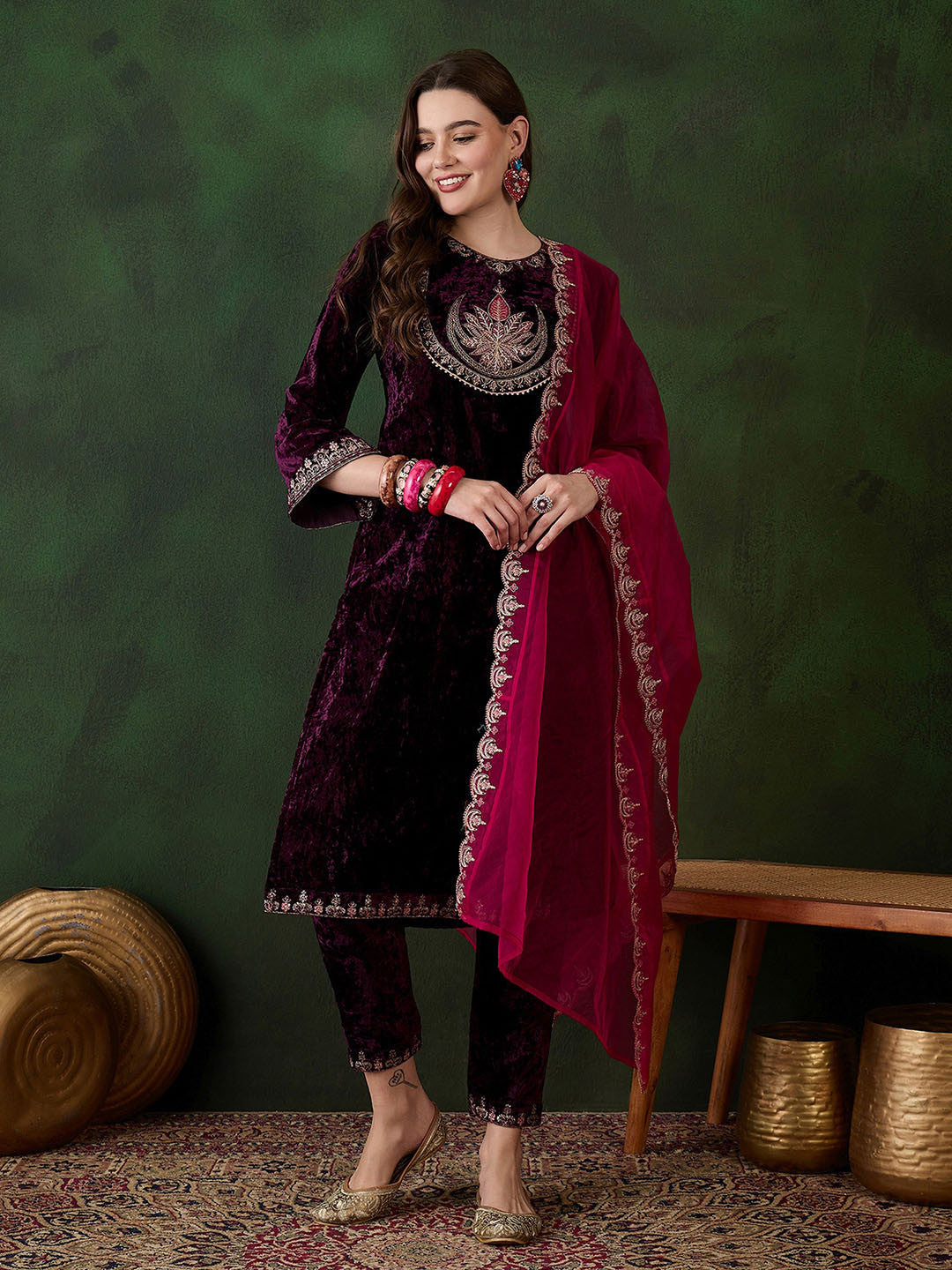 Floral Embroidered Sequinned Velvet Kurta with Trouser & Dupatta