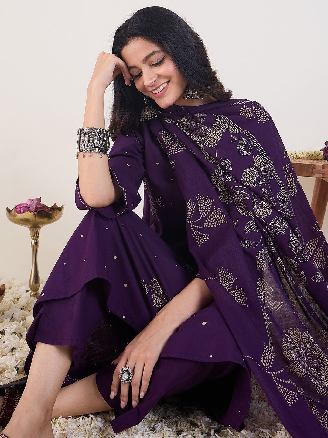 Ethnic Motifs Printed V-Neck Pure Cotton Anarkali Kurta With Trousers & Dupatta