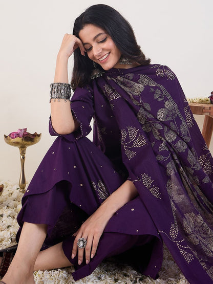 Ethnic Motifs Printed V-Neck Pure Cotton Anarkali Kurta With Trousers & Dupatta