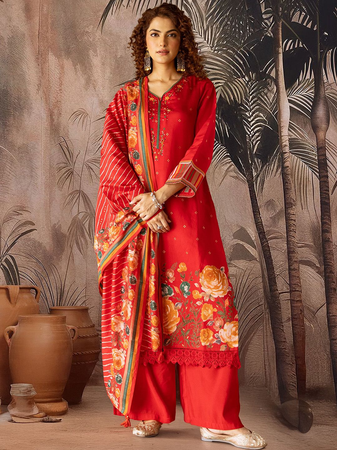 Dhiyona SN Printed & Embroidered V Neck Kurta, Palazzo & Dupatta Set