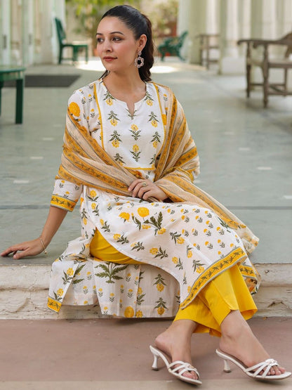 Dhiyona RR Women's Floral Printed Regular Pure Cotton Kurta with Trousers & With Dupatta