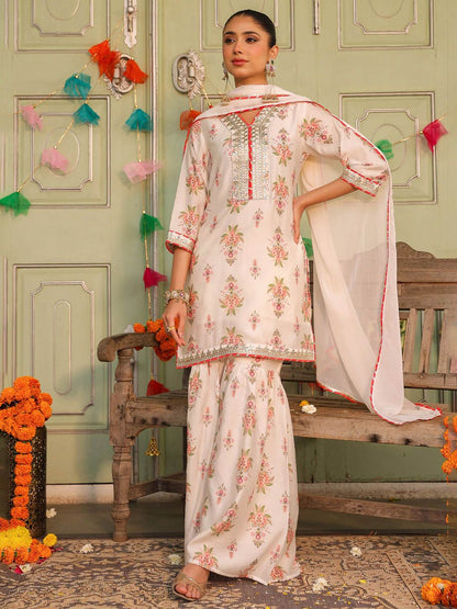 Dhiyona SC Floral Printed Gotta Patti Chanderi Silk Kurta With Sharara & Dupatta