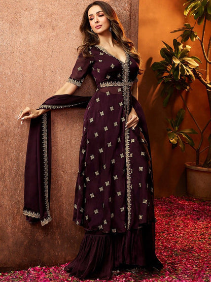 Dhiyona IN Women Ethnic Motifs Embroidered Sequinned Kurta With Palazzos & Dupatta Kurta Sets