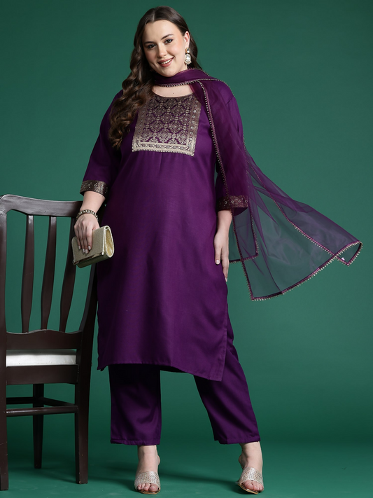 Women's Plus Size Purple Yoke Design Straight Kurta Trousers With Dupatta Set