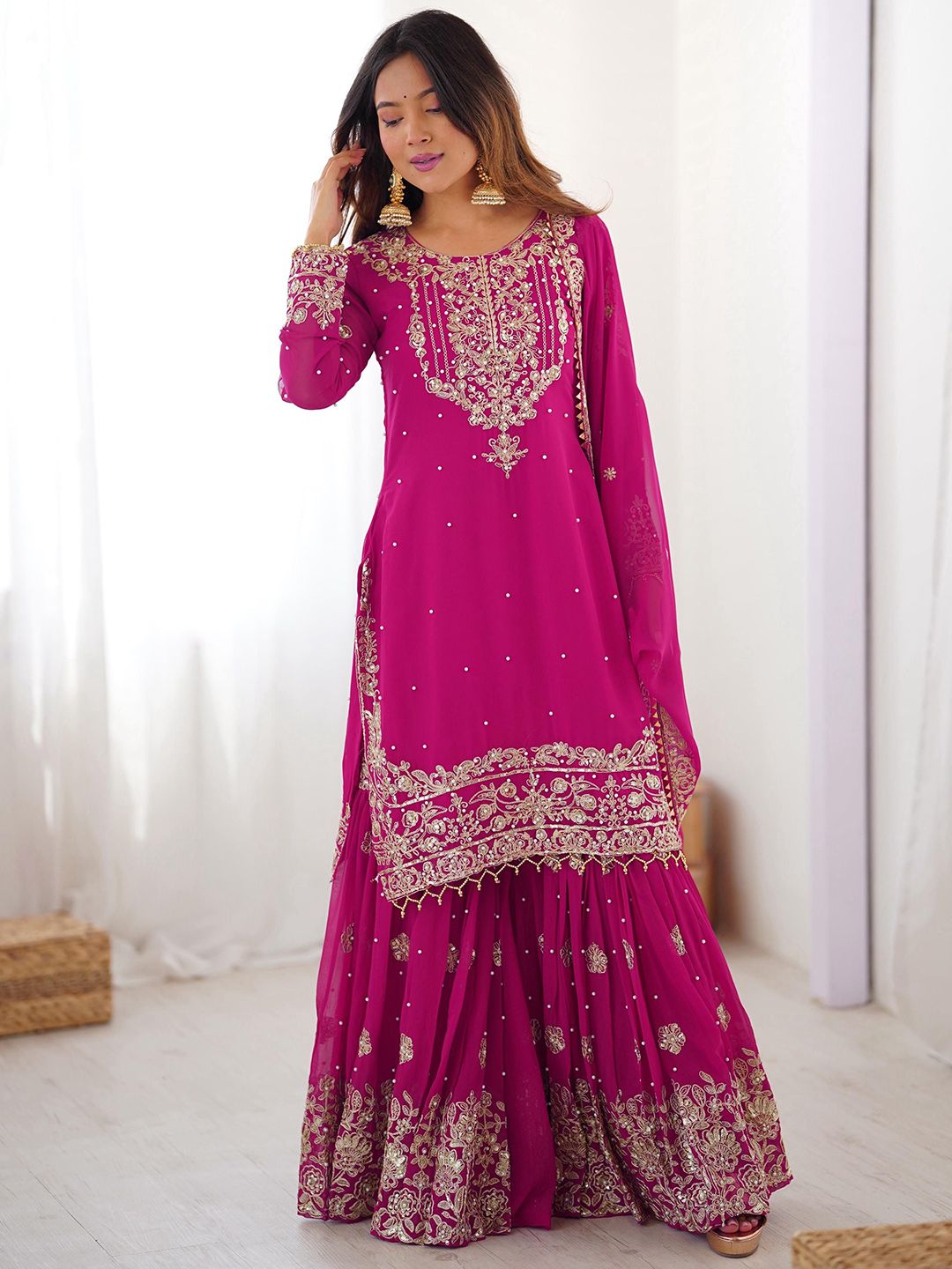 Dhiyona KL Women Ethnic Motifs Embroidered Regular Sequinned Kurta with Sharara & Dupatta