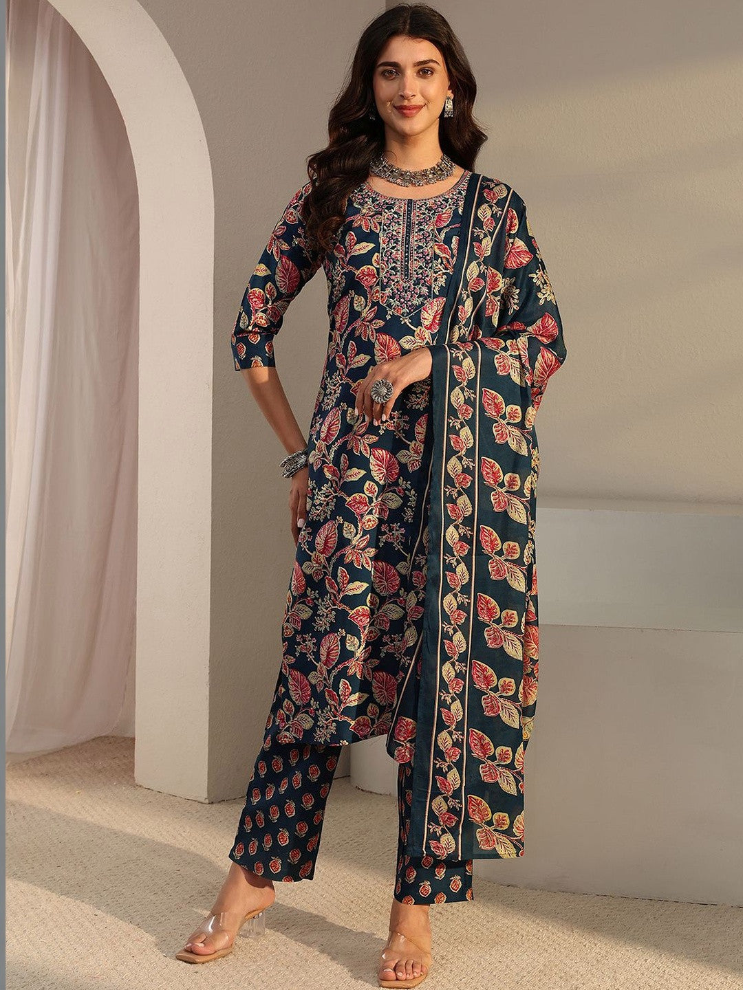 Libas Blue Floral Printed Straight Suit Set with Dupatta