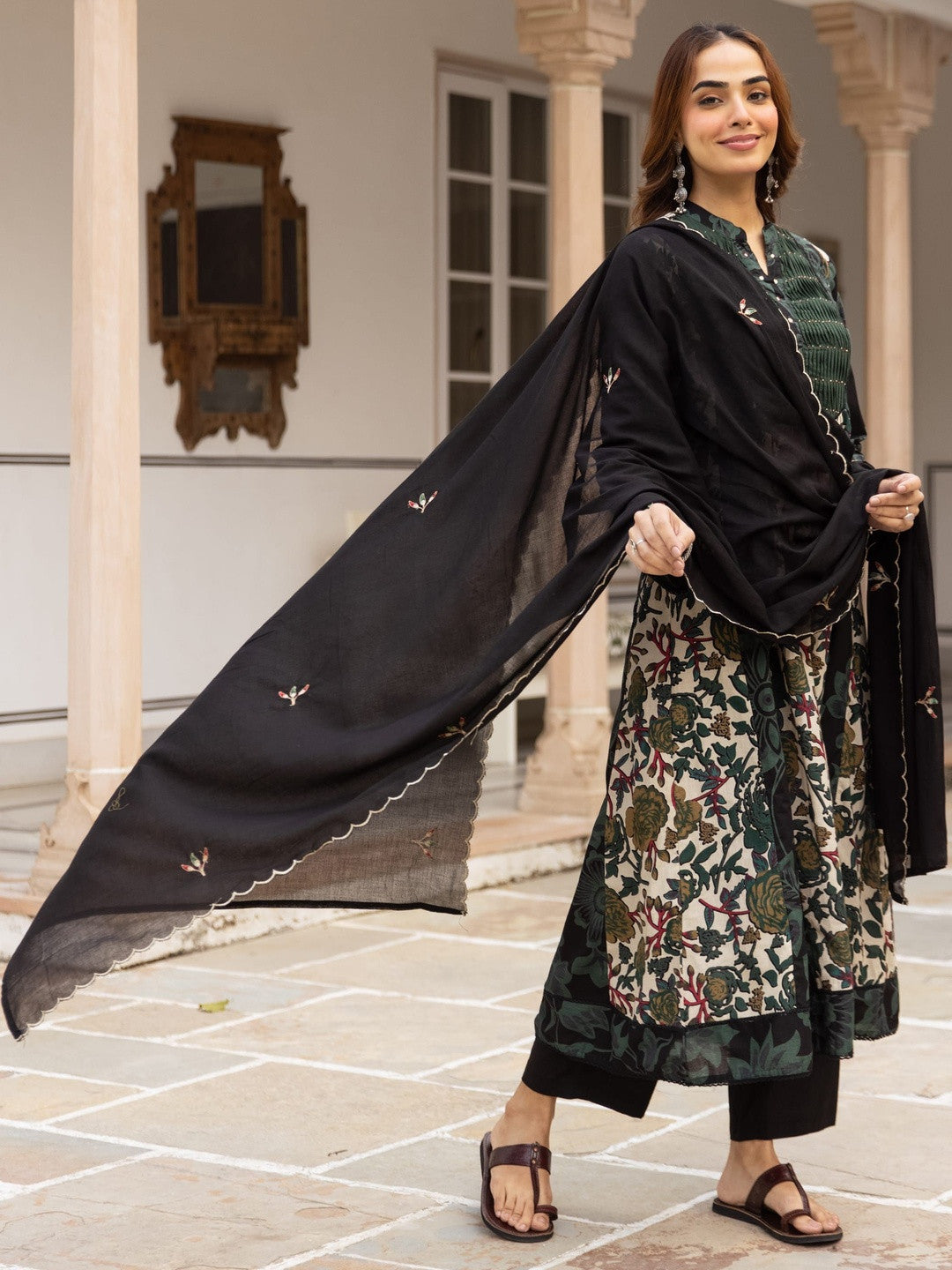 Printed Pure Cotton A-Line Kurta With Trousers & Dupatta