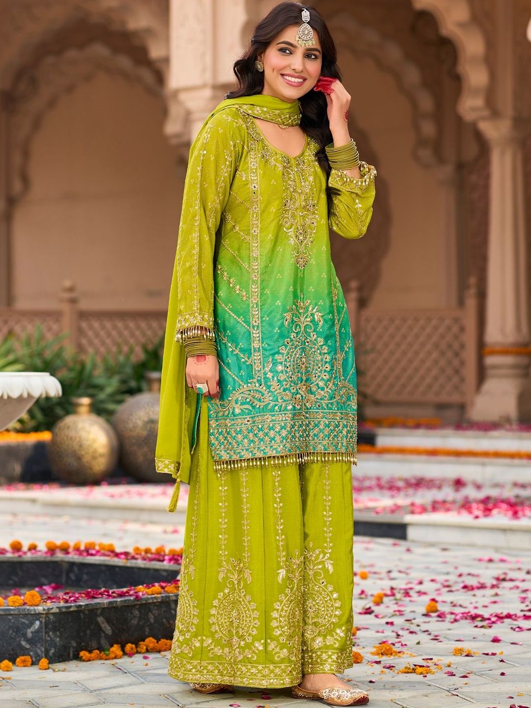 Dhiyona IE Women Ombre Embroidered Regular Kurta with Sharara & With Dupatta