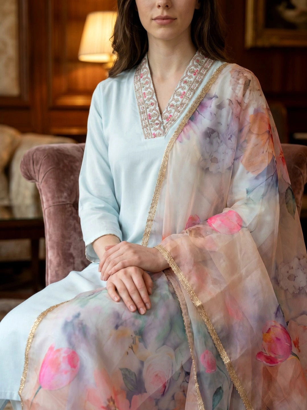 Women Floral Regular Thread Work Kurta with Trousers & With Dupatta