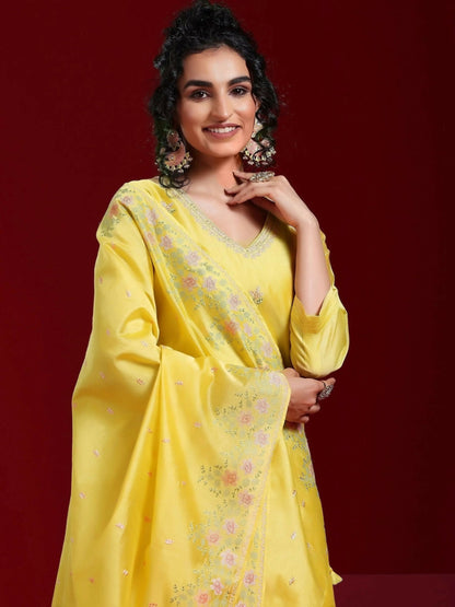 Women's LB Art Yellow Embroidered Chanderi Silk Straight Suit With Dupatta