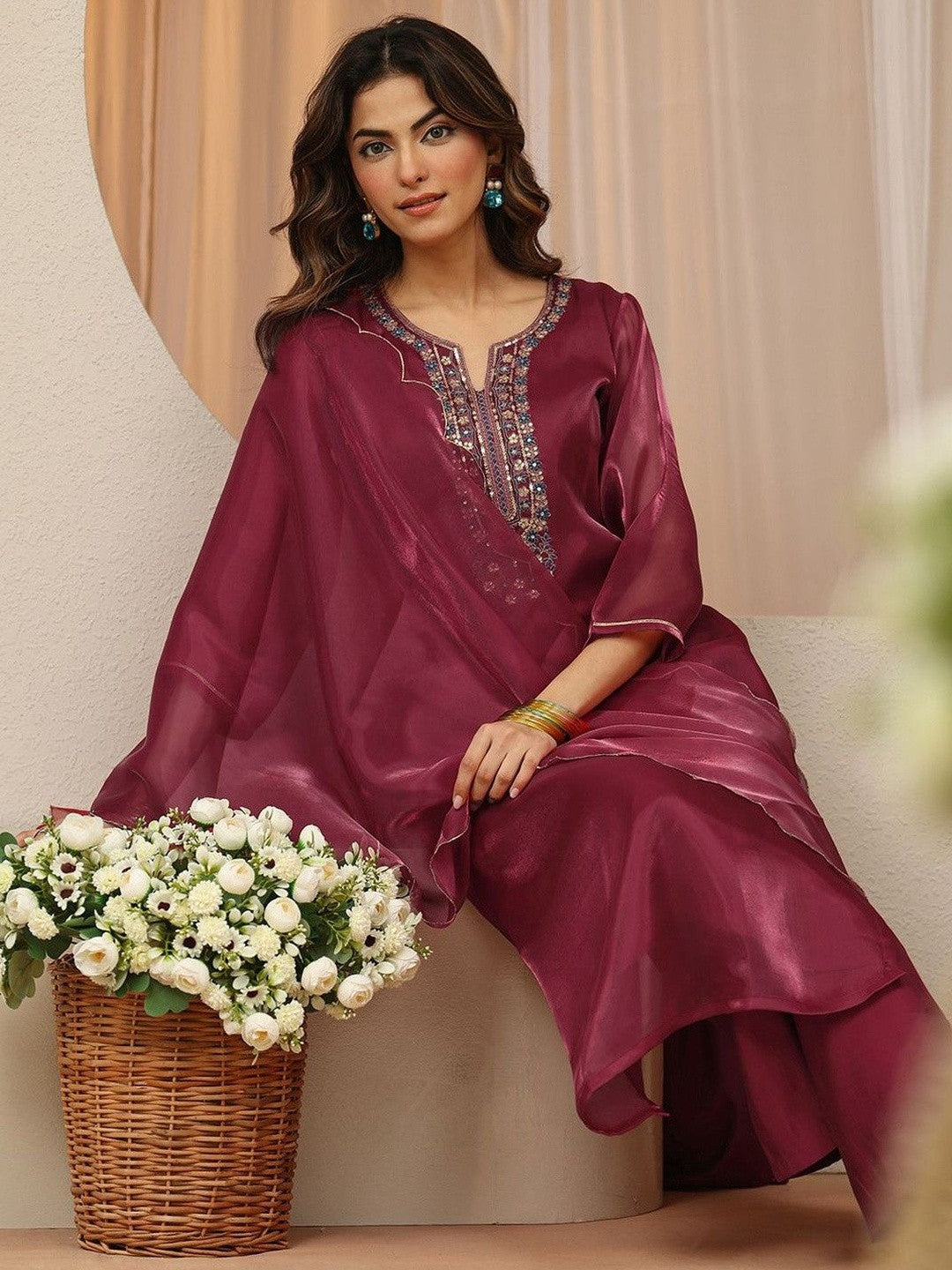 Libas Maroon Yoke Design Tissue Straight Suit Set