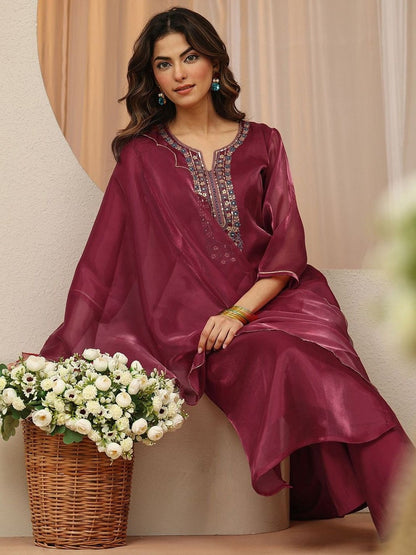 Libas Maroon Yoke Design Tissue Straight Suit Set