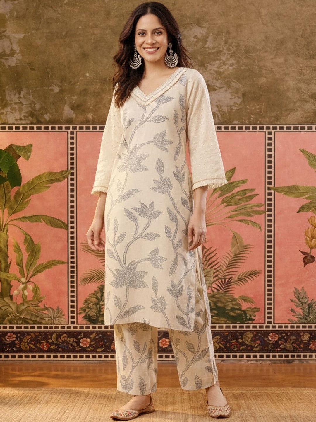 Dhiyona SN Printed Pure Cotton V-Neck Kurta & Palazzos