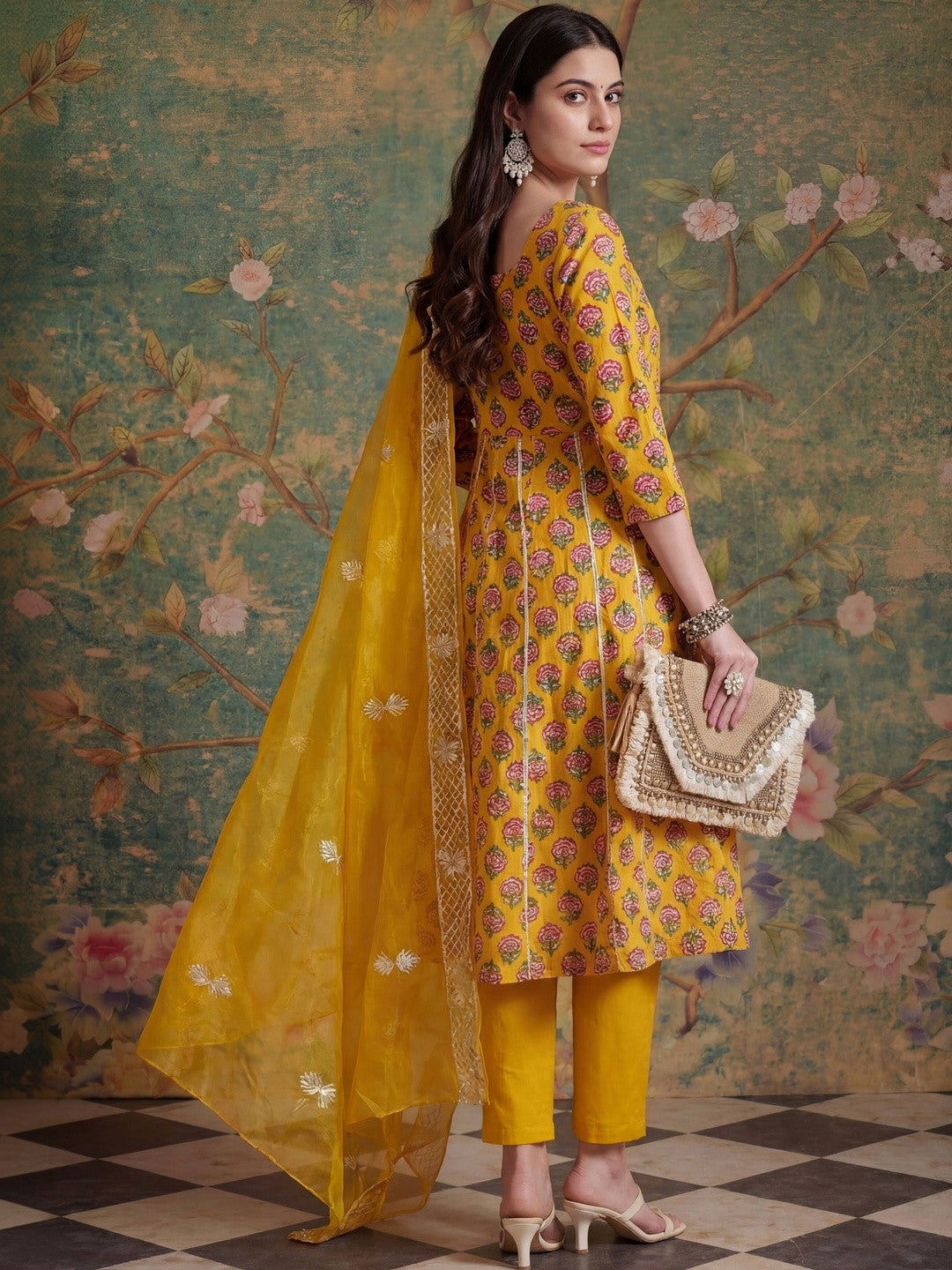 Embroidered Pure Cotton Sweetheart Neck Kurta & Trousers With Dupatta
