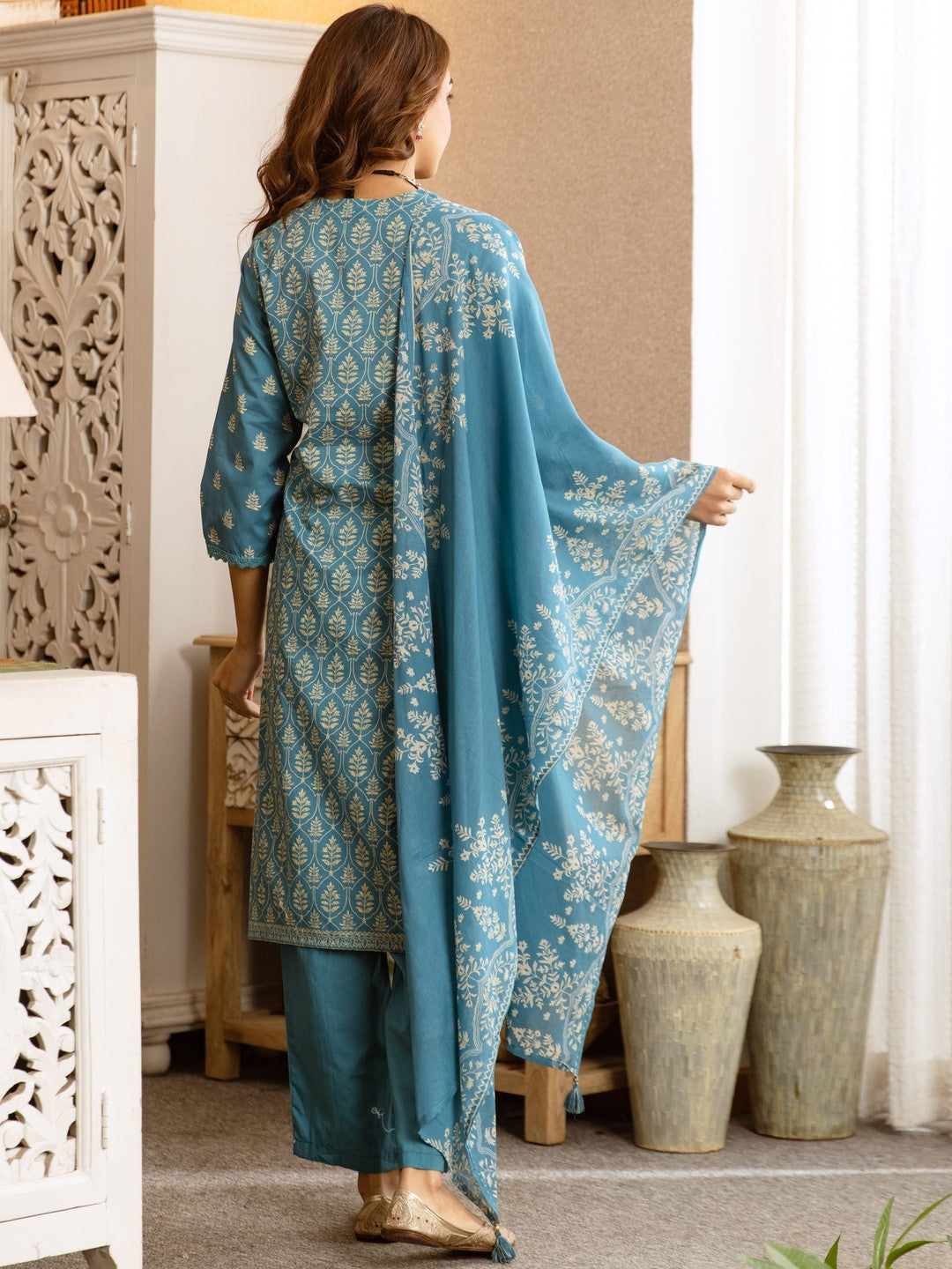 Printed Cotton Sweetheart Neck Kurta & Trousers with Dupatta