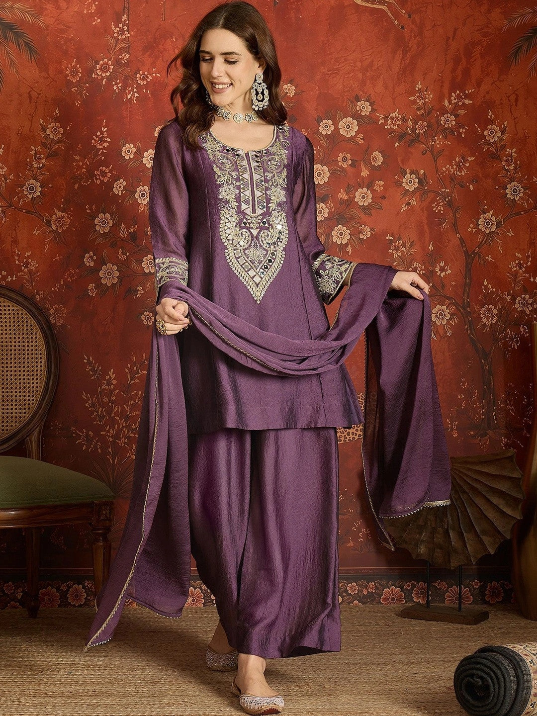 Women Ethnic Motifs Embroidered Regular Pure Silk Kurta with Dhoti Pants & With Dupatta