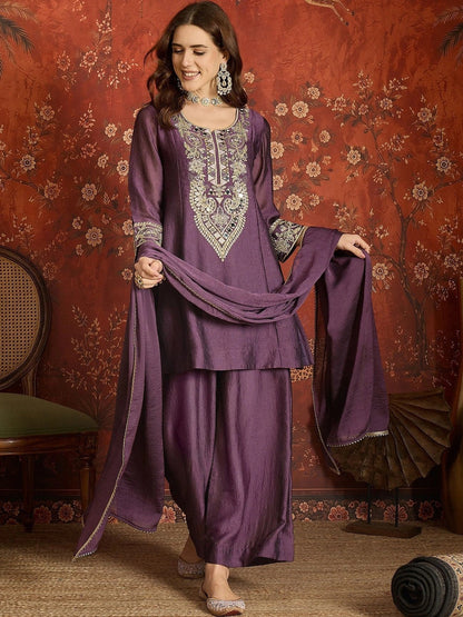 Women Ethnic Motifs Embroidered Regular Pure Silk Kurta with Dhoti Pants & With Dupatta