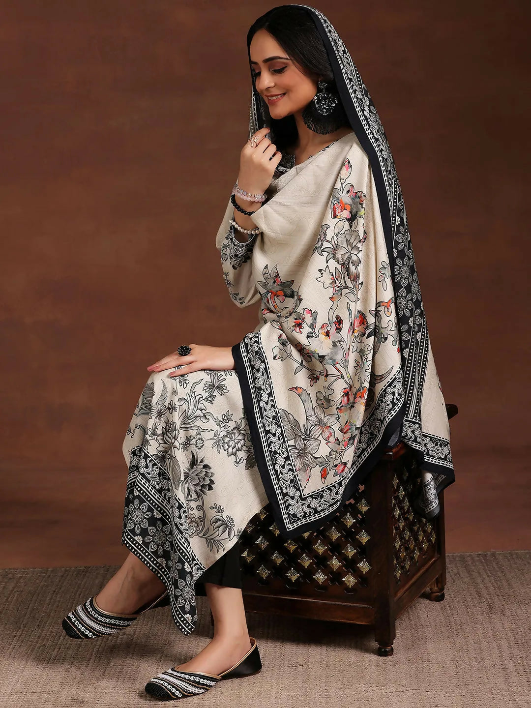 Women's LB Monochrome Printed Silk Blend Straight Suit With Dupatta