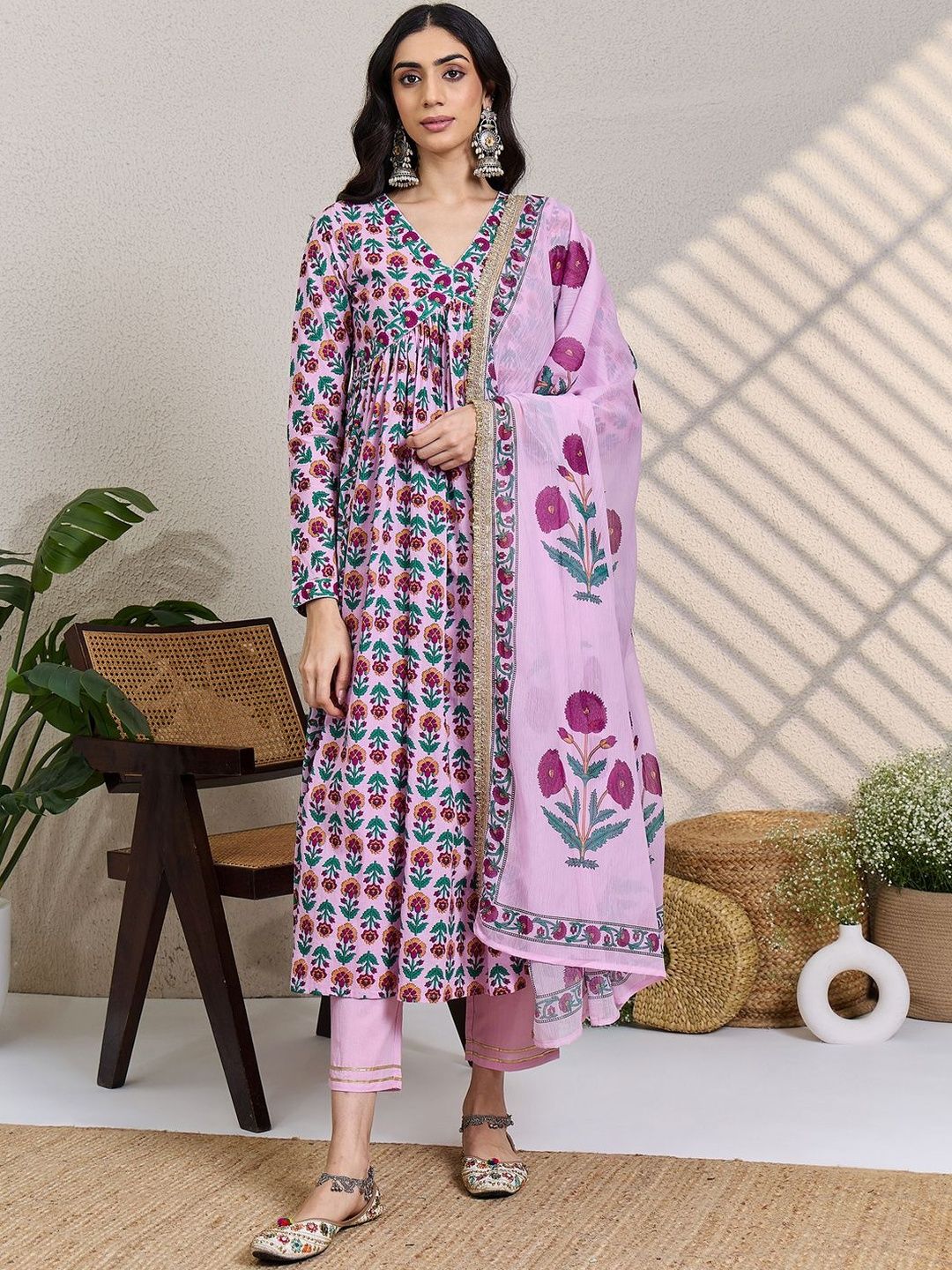 Dhiyona IE Women Floral Printed Empire Pure Cotton Kurta with Trousers & Dupatta