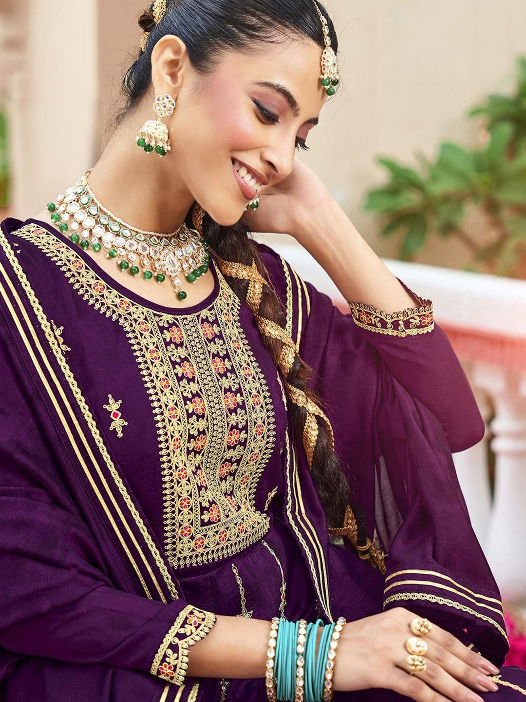 Dhiyona CH Floral Embroidered Pleated Sequinned Anarkali Kurta With Trousers & Dupatta