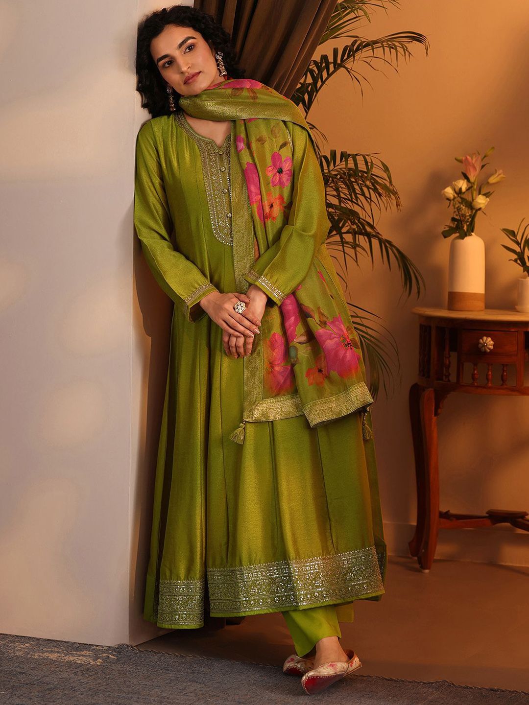 Dhiyona LL Womens Lime green Embroidered Anarkali Kurta With Trousers & Dupatta