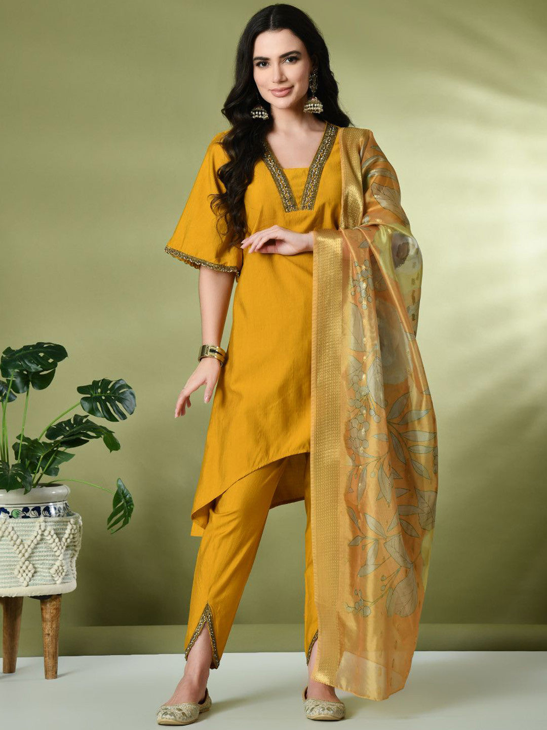 Dhiyona SN Square Neck Flared Sleeves High-Low A-Line Fusion Kurta With Dhoti Pant & Dupatta