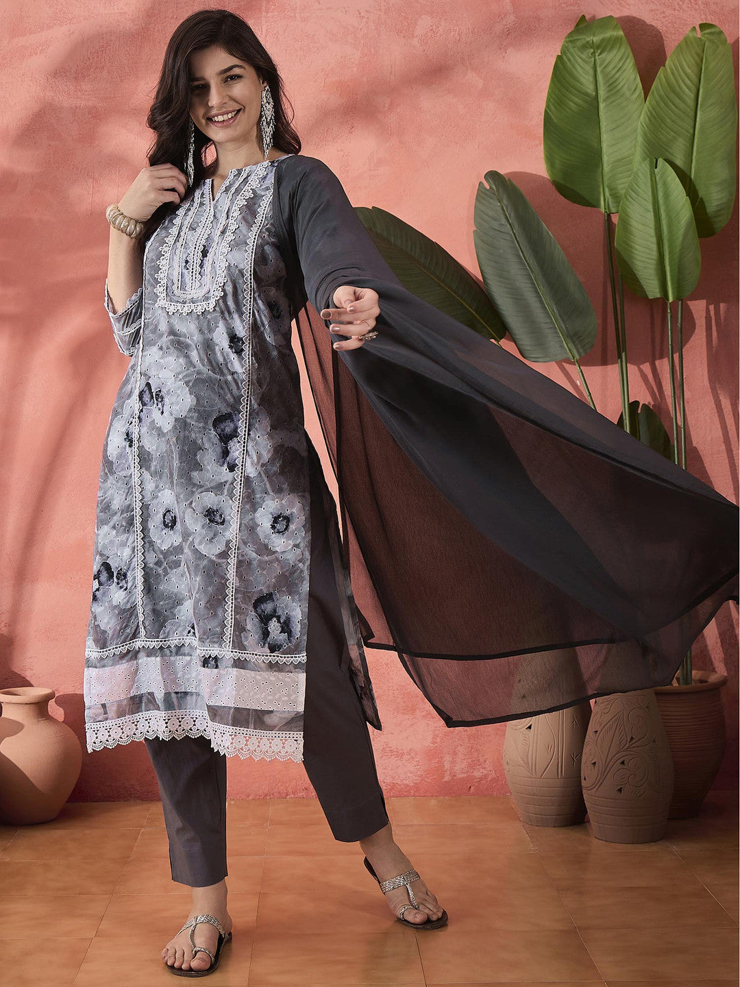 Grey Floral Printed Notch Neck Straight Pure Cotton kurta With Trouser And Dupatta