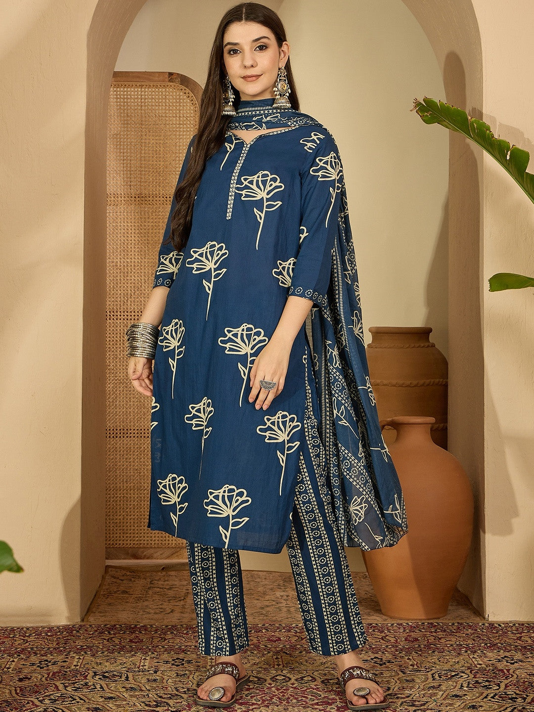 Women Teal Floral Printed Regular Mirror Work Kurta Set With Trousers & Dupatta