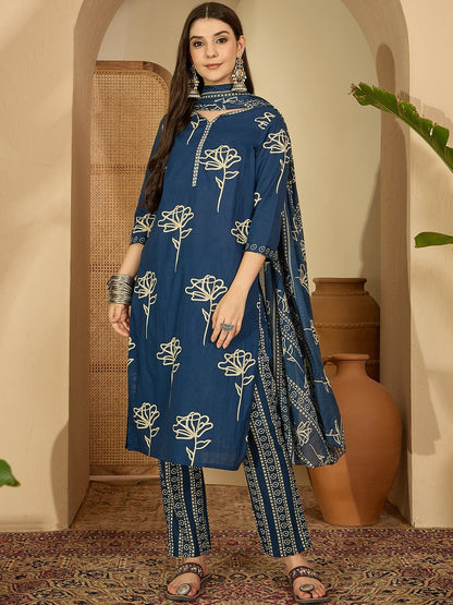 Women Teal Floral Printed Regular Mirror Work Kurta Set With Trousers & Dupatta