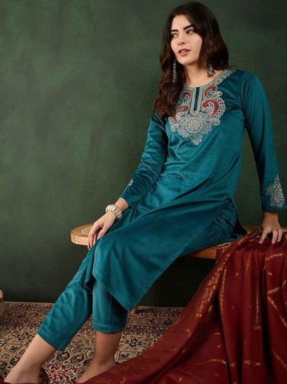 Winter Heavy Embroidered Velvet Round Neck Kurta & Trousers Kurta Sets