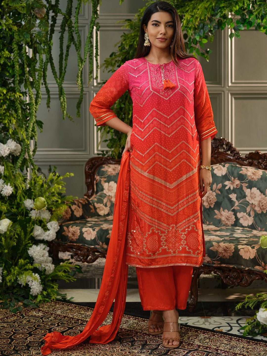 Dhiyona SN Bandhani Printed Tie-Up Neck Sequinned Straight Kurta With Trousers & Dupatta
