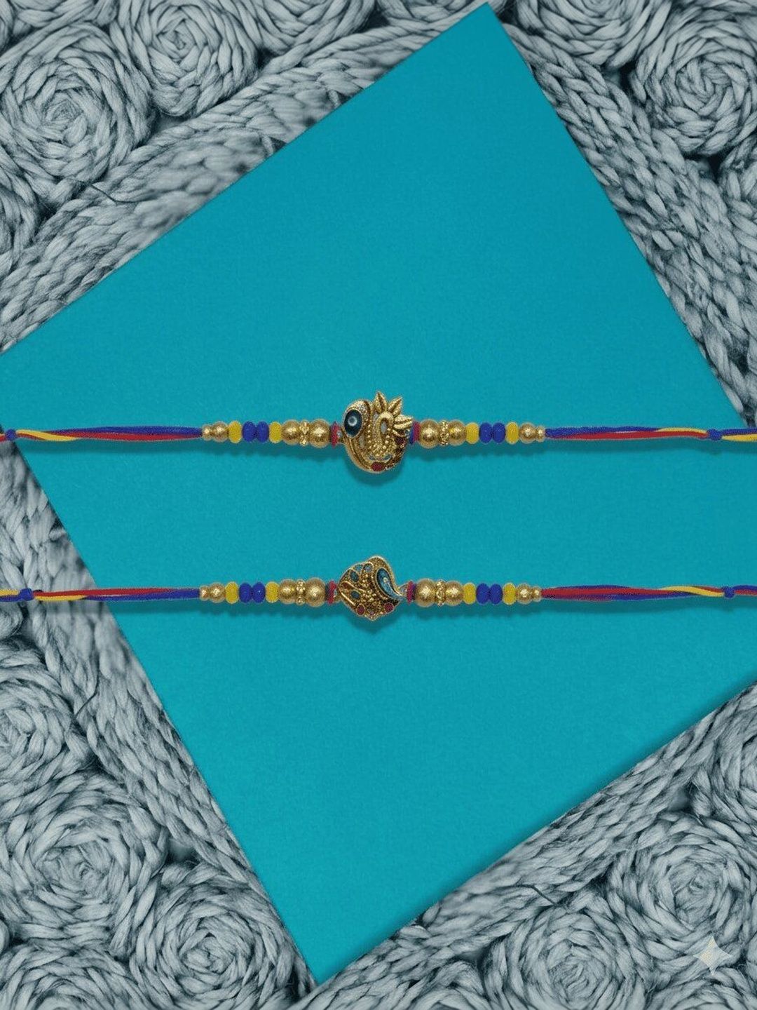 Dhiyona Set Of 2 Peacock Design Thread Rakhi With Roli Chawal Chandan Mishri