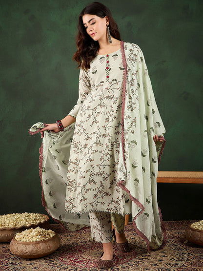 Floral Printed Pure Cotton Kurta With Trousers & Dupatta