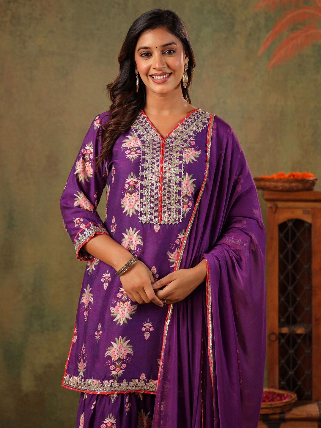 Dhiyona SC Women Embroidered Thread Work Chanderi Silk Kurta with Sharara & Dupatta