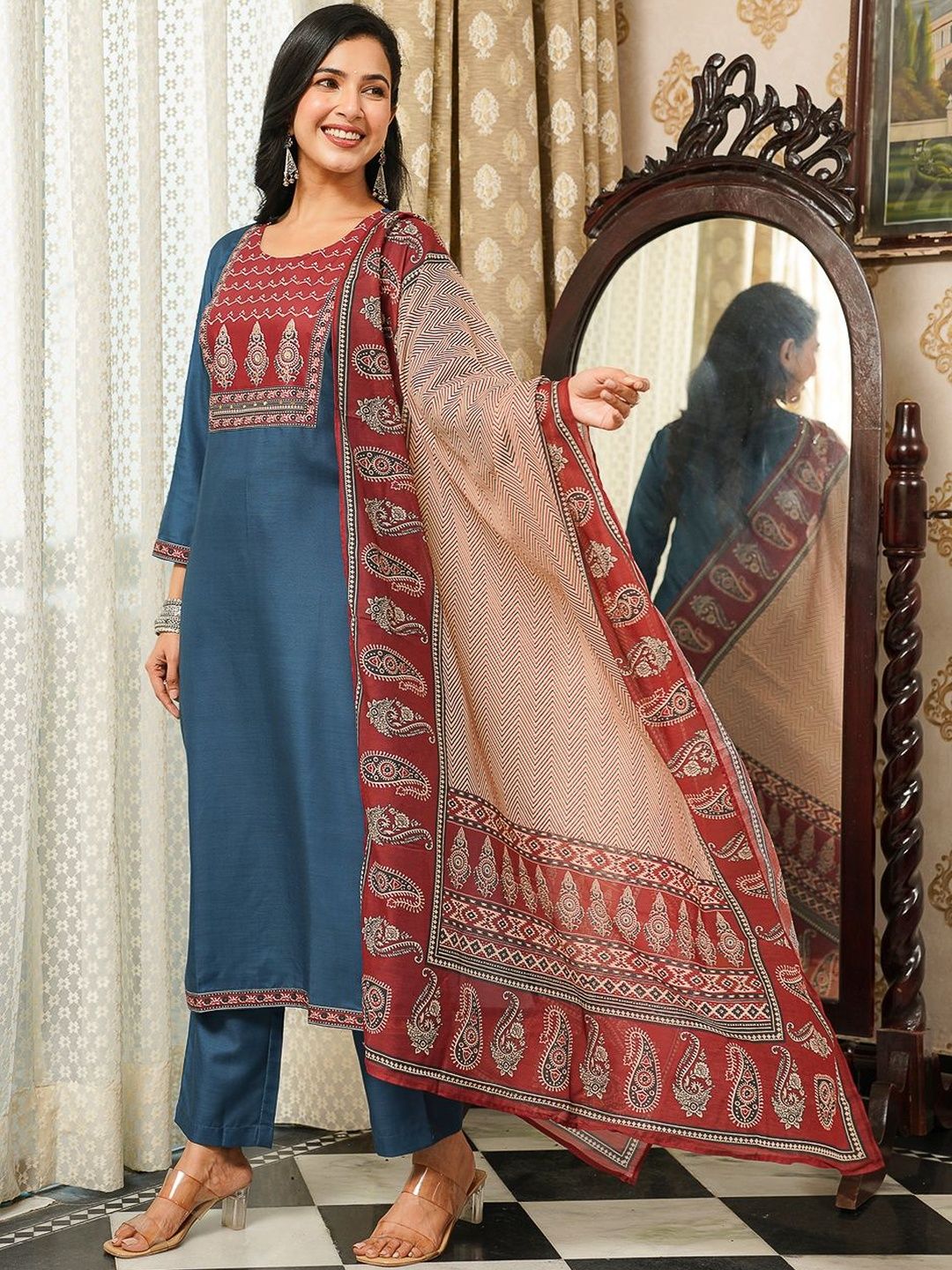 Dhiyona KL Ethnic Motifs Yoke Design Straight Kurta With Trousers & Dupatta