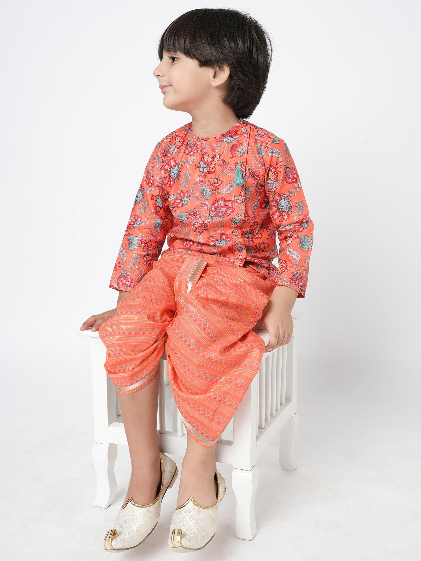 Golden Weaves Boys Orange Kurta with Dhoti set