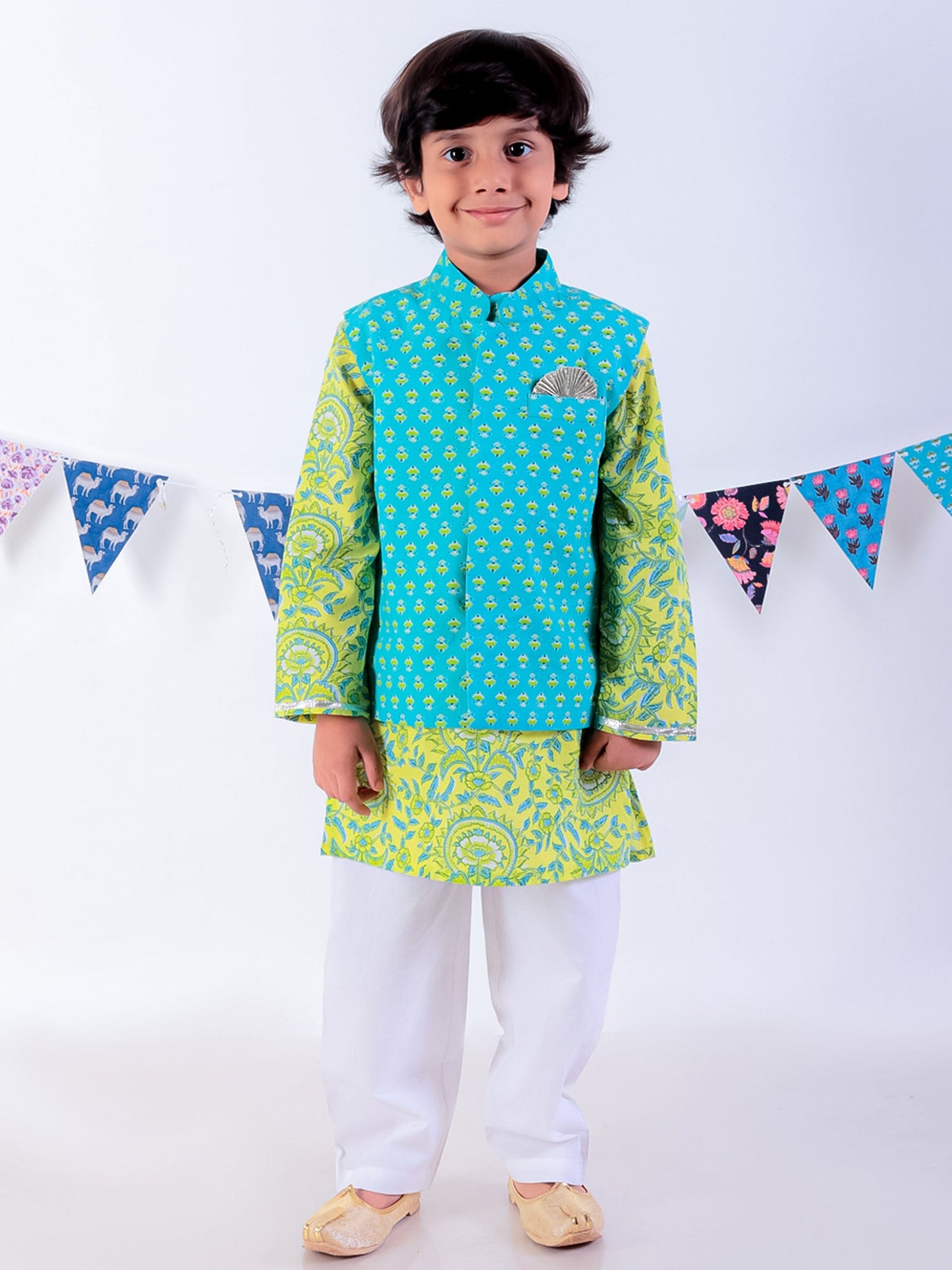 Jaipur Boys Green Kurta and Pyjama with Jacket Ethnic Set