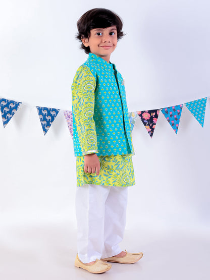 Jaipur Boys Green Kurta and Pyjama with Jacket Ethnic Set