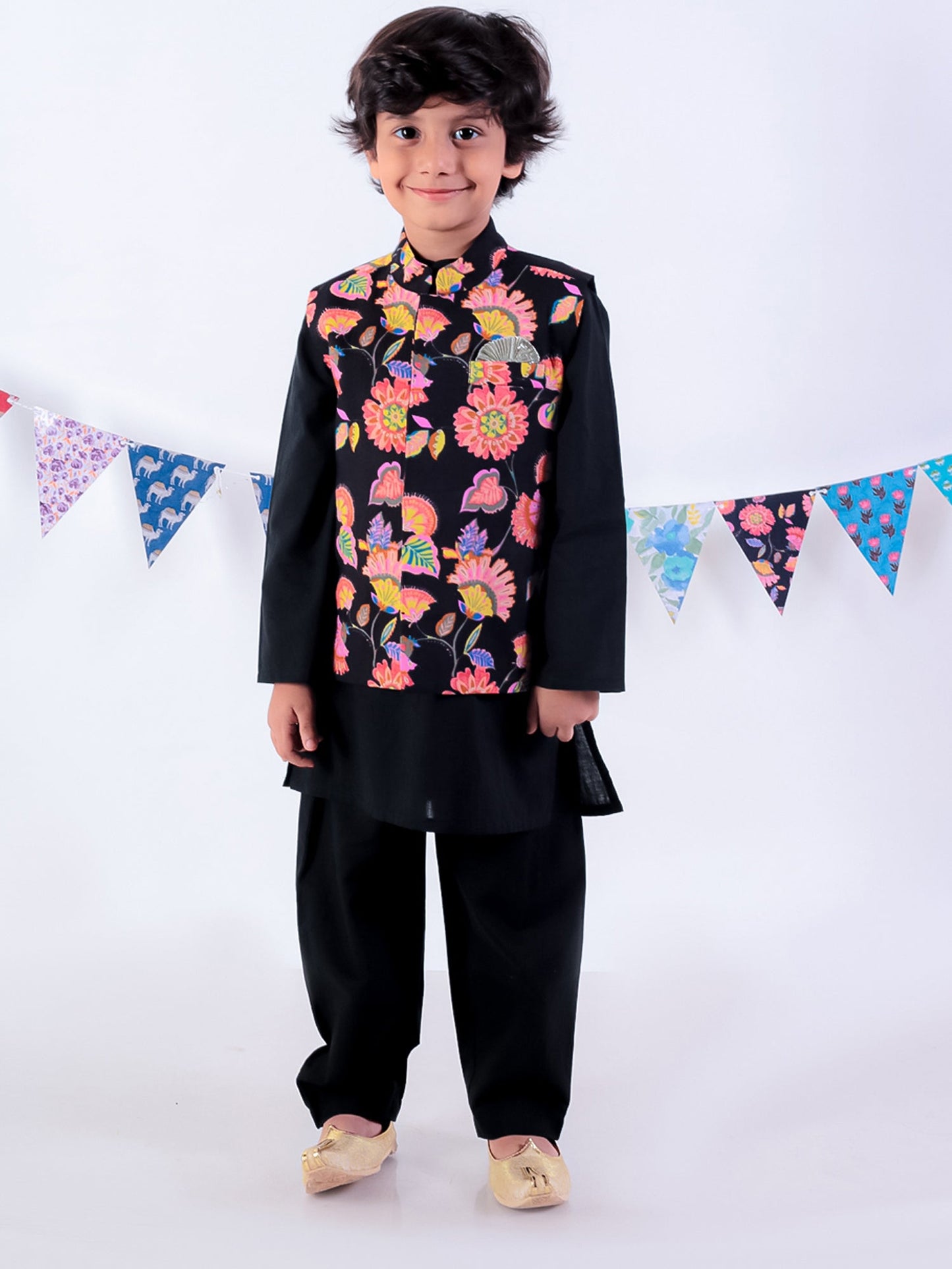 Jaipur Boys Black Kurta and Pyjama with Jacket Ethnic Set