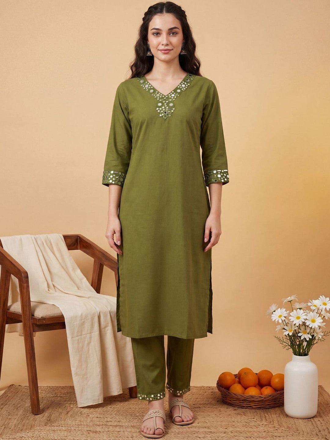 Women Regular Mirror Work Kurta with Trousers