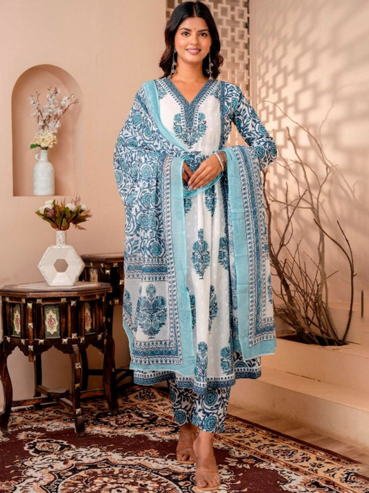 Dhiyona KL Women Floral Printed Pleated Pure Cotton Kurta with Trousers & With Dupatta