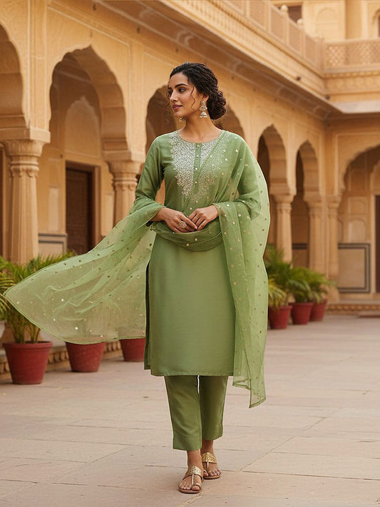 Dhiyona KL Floral Yoke Design Regular Sequinned Straight Kurta with Trousers & Dupatta