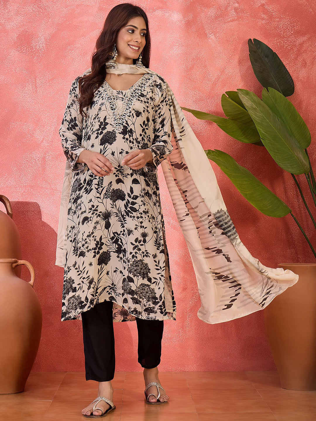 Women Floral Printed Silk Kurta with Trousers & Dupatta