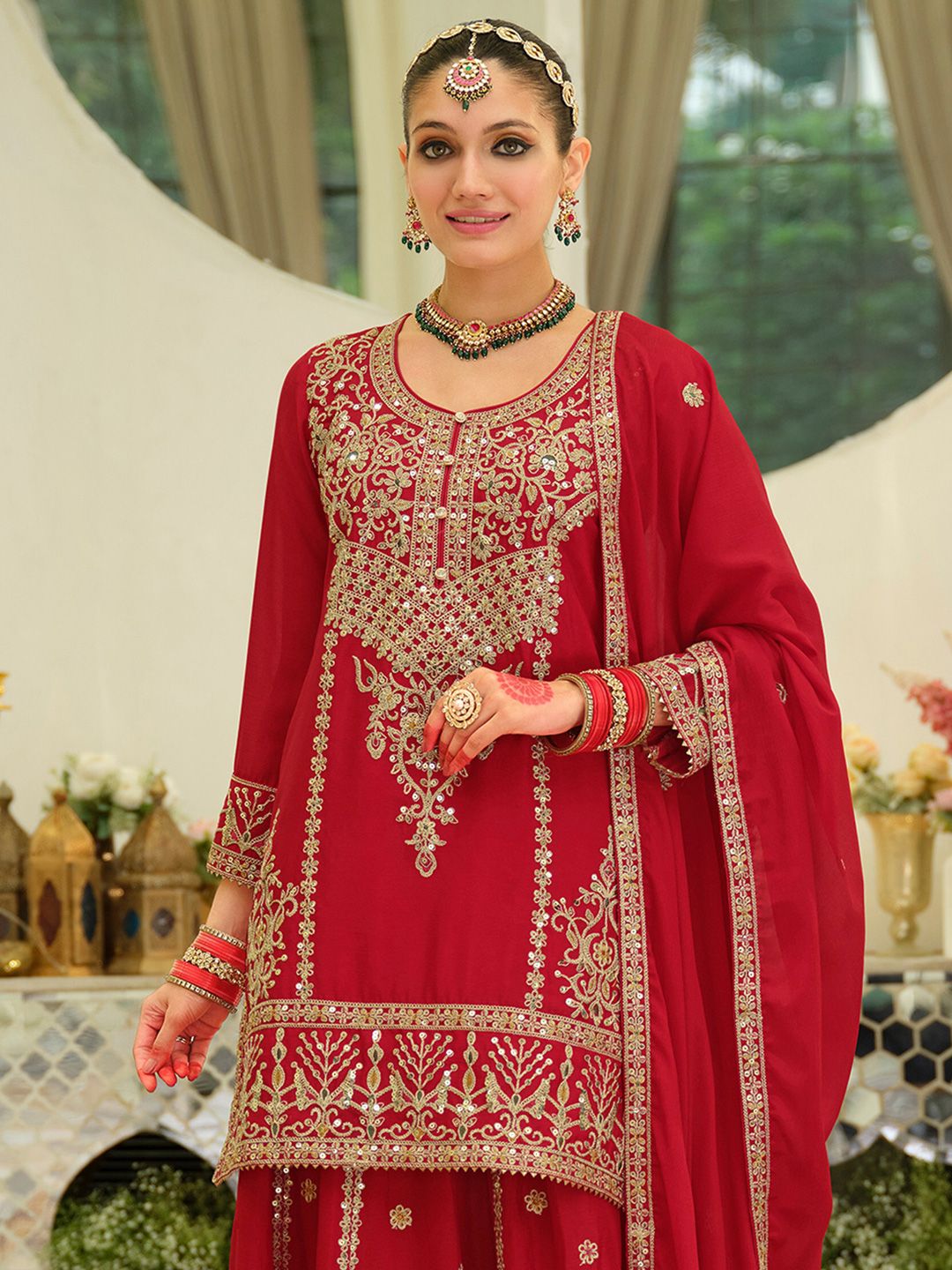 Ethnic Motifs Embroidered Sequinned Chinon Straight Kurta With Skirt & Dupatta