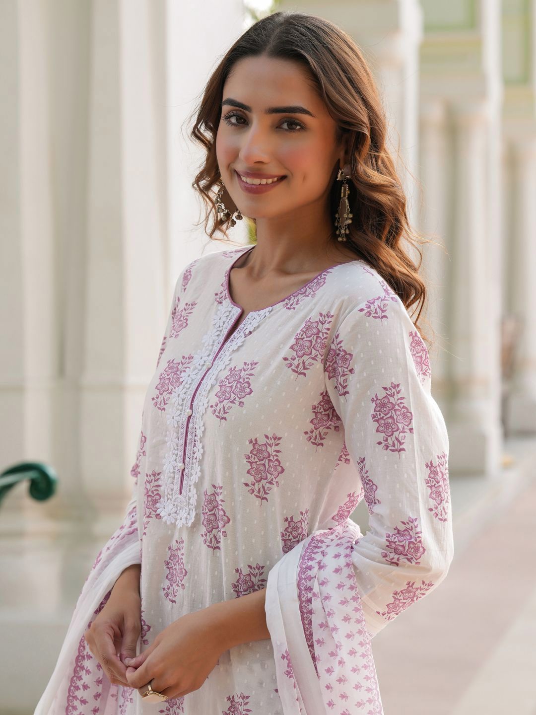 Dhiyona RR Women's Floral Printed Cotton Kurta with Trousers & Dupatta