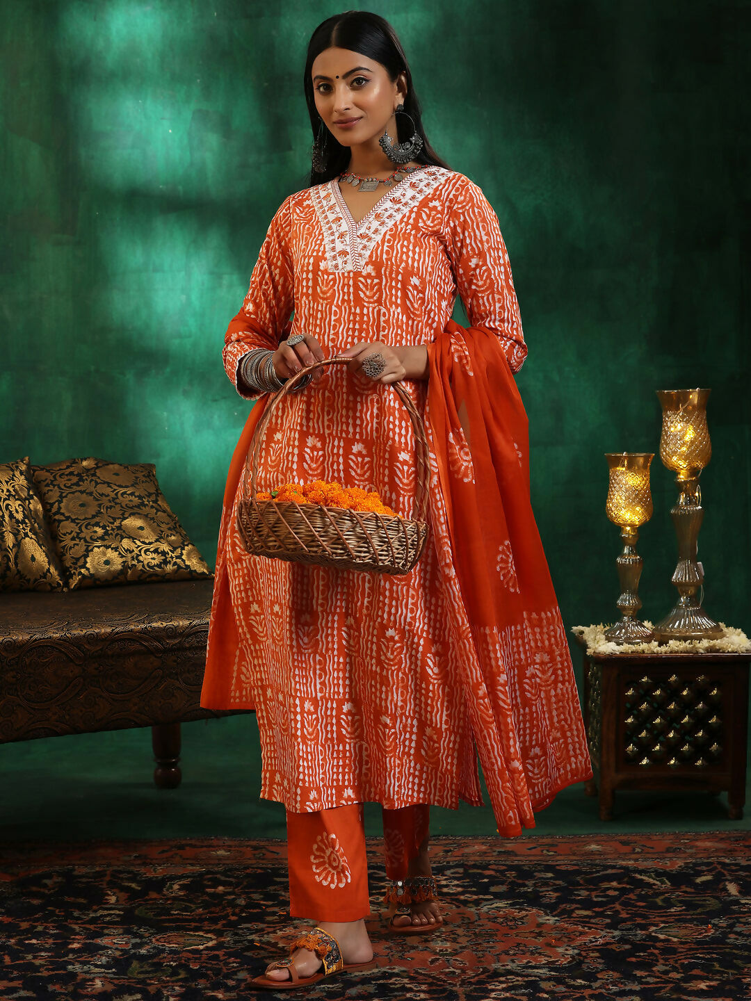 Women's LB Orange Printed Cotton Straight Suit With Dupatta