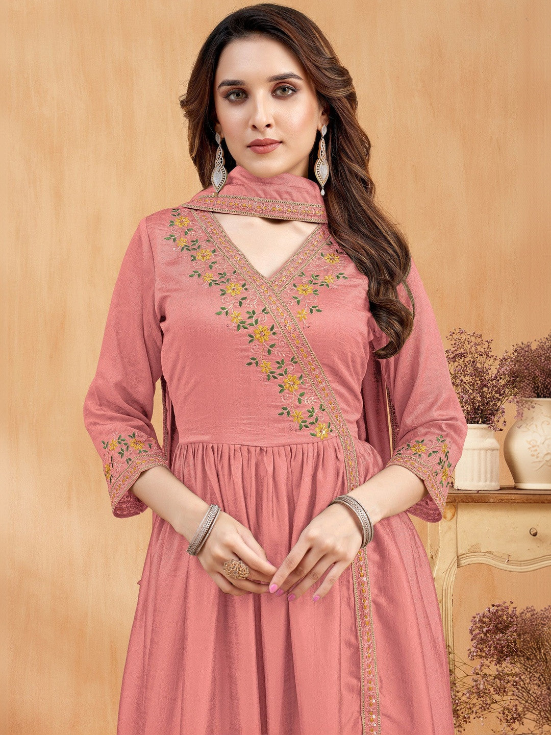 Embroidered V-Neck Kurta & Palazzos With Dupatta
