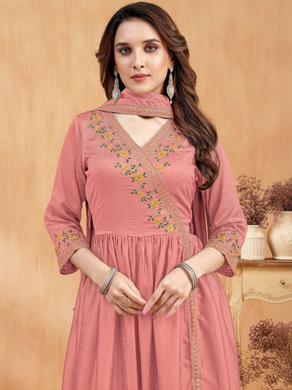 Embroidered V-Neck Kurta & Palazzos With Dupatta