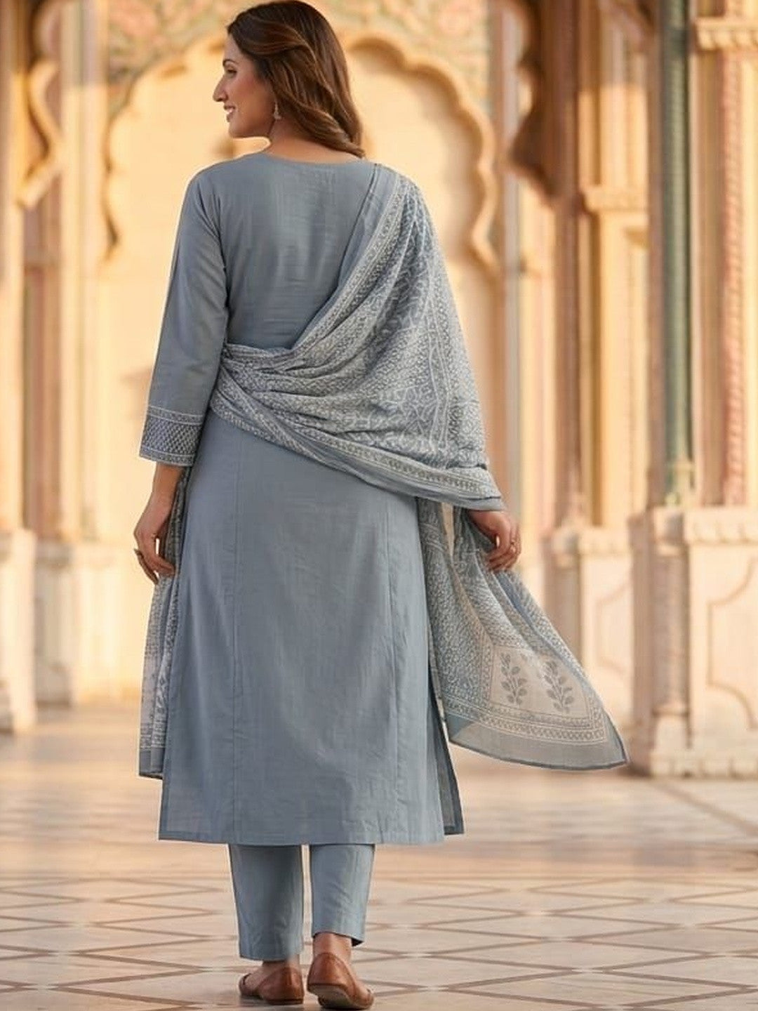 Women Ethnic Motifs Embroidered Empire Mirror Work Pure Cotton Kurta with Trousers & With Dupatta